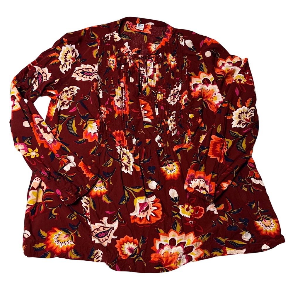 Old Navy Womens Burgundy Floral Pintuck Long Sleeve Blouse Top Medium Maroon